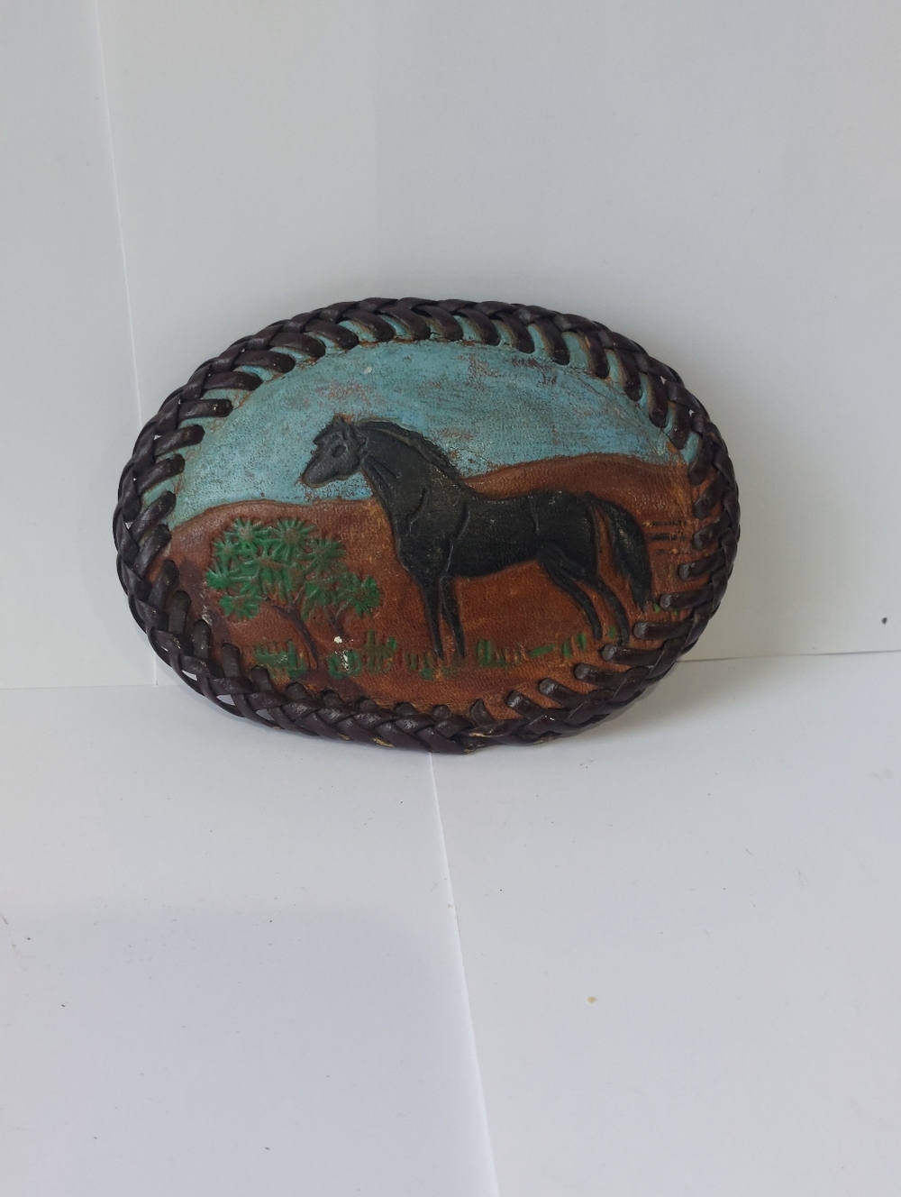 Vintage Western Tooled Leather Belt Buckle with Horse 3x4"